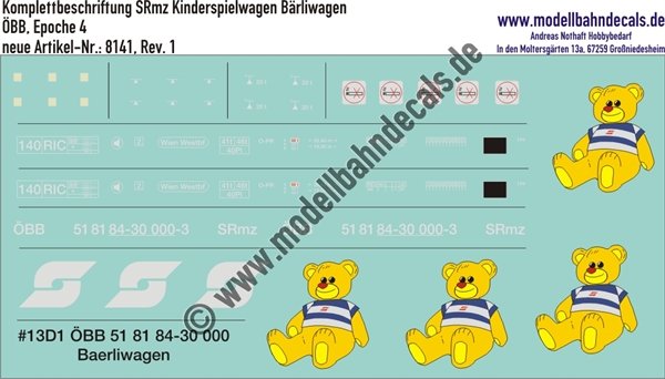 Nass-Schiebebilder: Komplettbeschriftungssatz für SRmz Kinderspielwagen Bärliwagen der ÖBB, Epoche 4. Artikel-Nummer: 8141