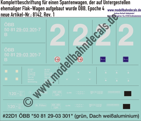 Nass-Schiebebilder: Komplettbeschriftungssatz für einen Spantenwagen, der auf Untergestellen ehemaliger Flak-Wagen aufgebaut wurde. ÖBB, Epoche 4.