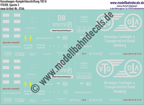 "Nass-Schiebebilder: Kesselwagen-Komplettbeschriftungssatz für einen 192 hl-Wagen der VTG, eingestellt bei der DB; Epoche 3. Artikel-Nummer: 8144"
