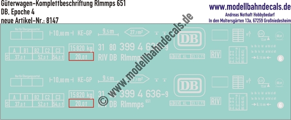 "Nass-Schiebebilder: Güterwagen-Komplettbeschriftungssatz Rlmmps 651, DB, Epoche 4. Artikel-Nummer: 8147"