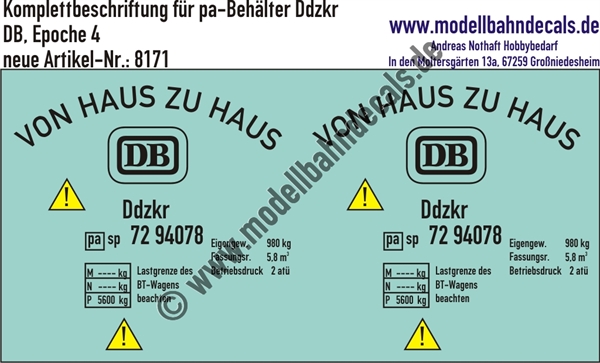 "Nass-Schiebebilder: Komplettbeschriftung für 1 pa-Behälter Ddzkr, DB, Epoche 4. Artikel-Nummer: 8171"