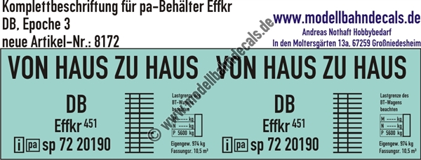 "Nass-Schiebebilder: Komplettbeschriftung für 1 pa-Behälter Effkr, DB, Epoche 3. Artikel-Nummer: 8172"