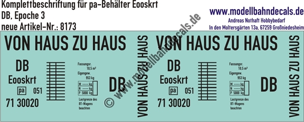 "Nass-Schiebebilder: Komplettbeschriftung für 1 pa-Behälter Eooskrt, DB, Epoche 3. Artikel-Nummer: 8173"