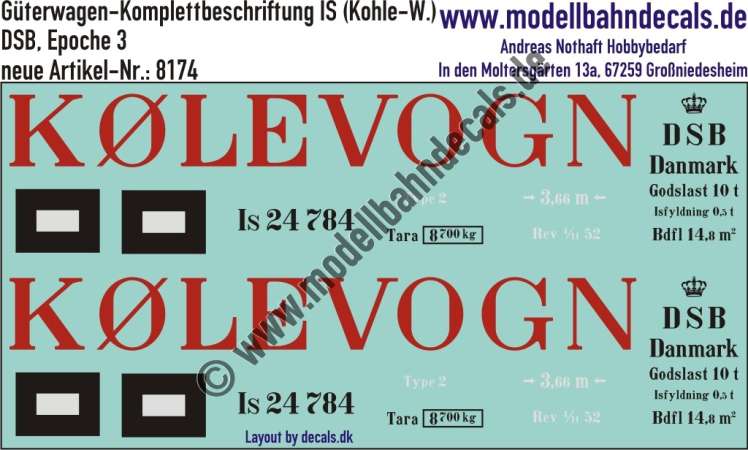 Nass-Schiebebilder: Güterwagen-Komplettbeschriftung Is (Kohlewagen) DSB, Epoche 3. Artikel-Nummer: 8174