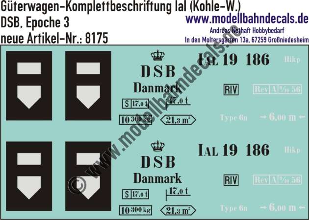 Nass-Schiebebilder: Güterwagen-Komplettbeschriftung Ial (Kohlewagen) DSB, Epoche 3. Artikel-Nummer: 8175