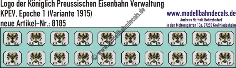 Nass-Schiebebilder: Logo der königlichen Preussischen Eisenbahn Verwaltung (KPEV, Variante 1915). Artikel-Nummer: 8185