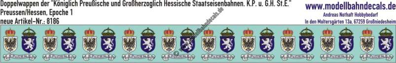 Nass-Schiebebilder: Doppelwappen der "Königlich Preußische und Großherzoglich Hessische Staatseisenbahnen. K.P. u. G.H. St.E.", Epoche 1. Artikel-Nummer: 8186