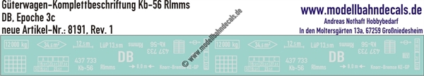 "Nass-Schiebebilder: Güterwagen-Komplettbeschriftung Kb-56 Rlmms, DB, Epoche 3c. Artikel-Nummer: 8191"