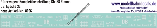 "Nass-Schiebebilder: Güterwagen-Komplettbeschriftung Kb-58 Rlmms, DB, Epoche 3c. Artikel-Nummer: 8196"