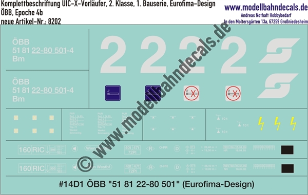 "Nass-Schiebebilder: Komplettbeschriftungssatz für UIC-X-Vorläufer, 2. Klasse, 1. Bauserie, Eurofima-Design, ÖBB, Epoche 4b. Artikel-Nummer: 8202"