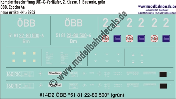 "Nass-Schiebebilder: Komplettbeschriftungssatz für UIC-X-Vorläufer, 2. Klasse, 1. Bauserie, grün, ÖBB, Epoche 4a. Artikel-Nummer: 8203"