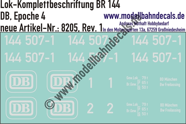 "Nass-Schiebebilder: Lok-Komplettbeschriftung BR 144, DB, Epoche 4. Artikel-Nummer: 8205"