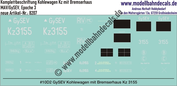 "Nass-Schiebebilder: Komplettbeschriftungssatz für Kohlewagen Kz mit Bremserhaus der MAV/GySEV, Epoche 3. Artikel-Nummer: 8207"