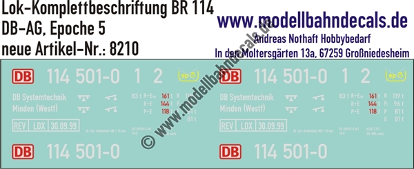 "Nass-Schiebebilder: Lok-Komplettbeschriftung BR 114, DB-AG, Epoche 5. Artikel-Nummer: 8210"