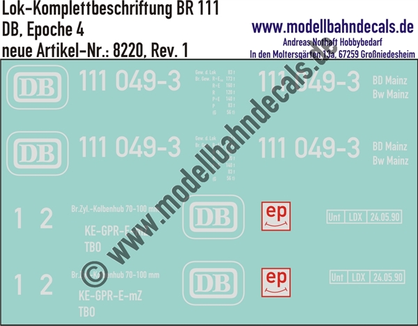"Nass-Schiebebilder: Lok-Komplettbeschriftung BR 111, DB, Epoche 4. Artikel-Nummer: 8220"