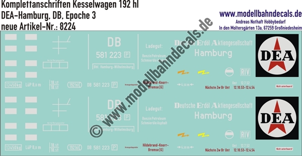 "Nass-Schiebebilder: Güterwagen-Komplettbeschriftung Kesselwagen 192 hl, DEA-Hamburg, DB, Epoche 3. Artikel-Nummer: 8224"