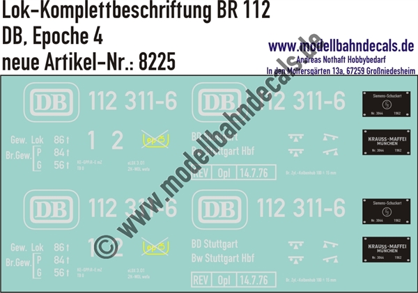 "Nass-Schiebebilder: Lok-Komplettbeschriftung BR 112, DB, Epoche 4. Artikel-Nummer: 8225"