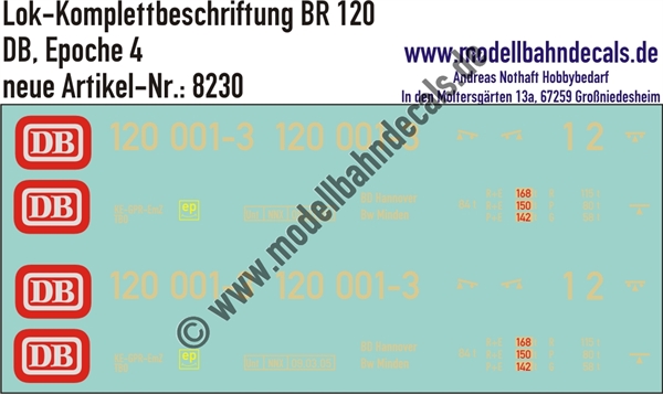 "Nass-Schiebebilder: Lok-Komplettbeschriftung BR 120, DB, Epoche 4. Artikel-Nummer: 8230"
