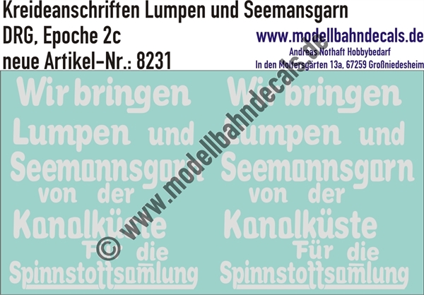 "Nass-Schiebebilder: Güterwagen-Kreideanschriften Wir bringen Lumpen und Seemansgarn, DRG, Epoche 2c. Artikel-Nummer: 8231"