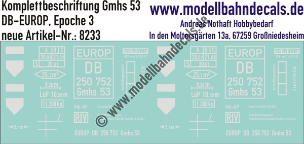 "Nass-Schiebebilder: Güterwagen-Komplettbeschriftung Gmhs 53, DB-EUROP, Epoche 3. Artikel-Nummer: 8233"