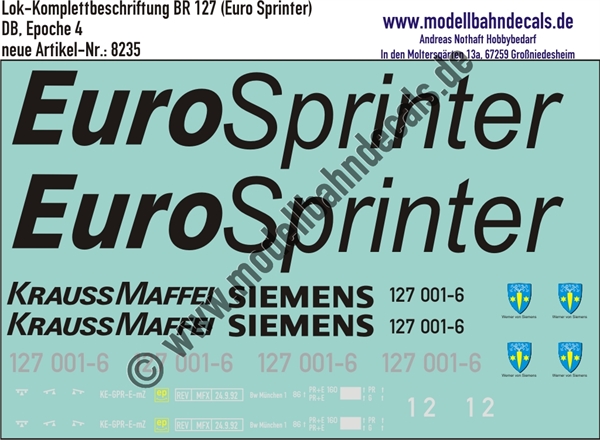 "Nass-Schiebebilder: Lok-Komplettbeschriftung BR 127 (Euro-Sprinter), DB, Epoche 4. Artikel-Nummer: 8235"