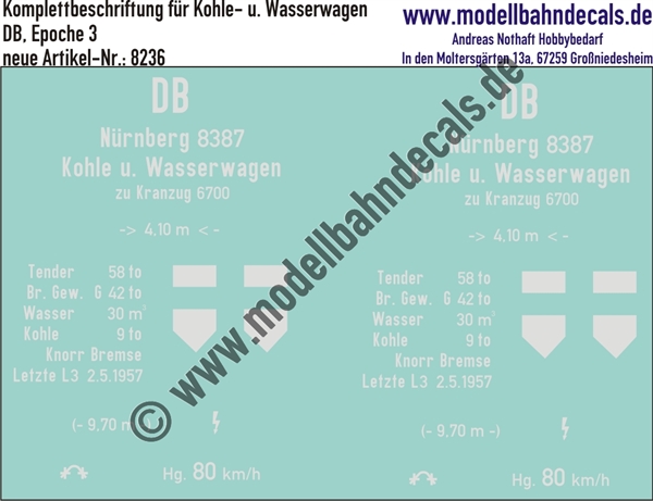 Nass-Schiebebilder: Komplettbeschriftung für einen Kohle- und Wasserwagen zu Kranzug 6700, DB, Epoche 3. Artikel-Nummer: 8236