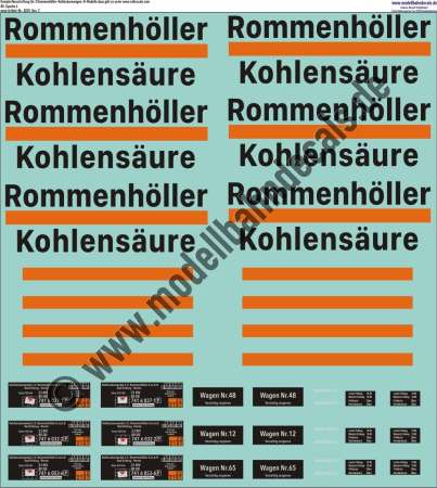 "Nass-Schiebebilder: Güterwagen-Komplettbeschriftug für 3 Kohlensäure-Wagen der Firma Rommenhöller, eingestellt bei de. Artikel-Nummer: 8239"