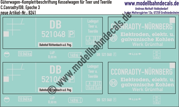 Nass-Schiebebilder: Güterwagen-Komplettbeschriftung Kesselwagen für 149 hl Teer und Teeröle, C. Conradty/DB, Epoche 3. Artikel-Nummer: 8241