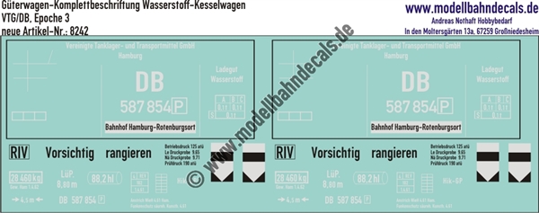Nass-Schiebebilder: Güterwagen-Komplettbeschriftung Wasserstoff-Kesselwagen VTG/DB, Epoche 3. Artikel-Nummer: 8242