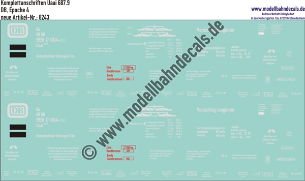 "Nass-Schiebebilder: Güterwagen-Komplettbeschriftung für Uaai 687.9, DB, Epoche 4. Artikel-Nummer: 8243"