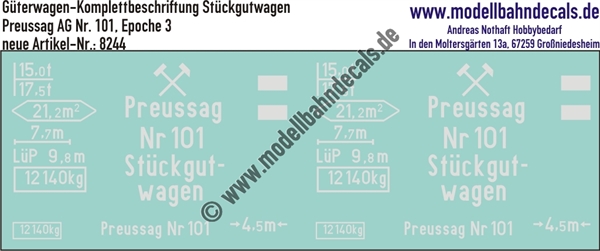 "Nass-Schiebebilder: Güterwagen-Komplettbeschriftung Stückgutwagen 101 der Preussag AG, Epoche 3. Artikel-Nummer: 8244"