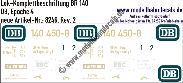 "Nass-Schiebebilder: Lok-Komplettbeschriftung BR 140, DB, Epoche 4, Anschriften Elfenbein/Ozeanblau. Artikel-Nummer: 8246"
