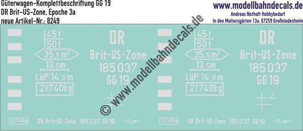 "Nass-Schiebebilder: Güterwagen-Komplettbeschriftung GG 19, DR Brit-US-Zone, Epoche 3a. Artikel-Nummer: 8249"