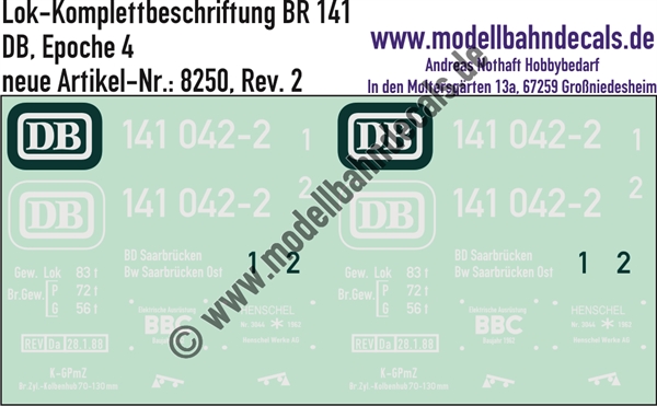 "Nass-Schiebebilder: Lok-Komplettbeschriftung BR 141, DB, Epoche 4. Artikel-Nummer: 8250"