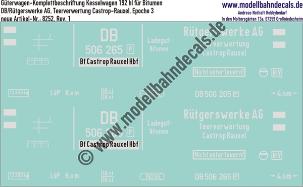 "Nass-Schiebebilder: Güterwagen-Komplettbeschriftung Kesselwagen 192 hl, DB/Rütgerswerke AG, Teerverwertung Castrop-Rauxel, Epoche 3. Artikel-Nummer: 8252"