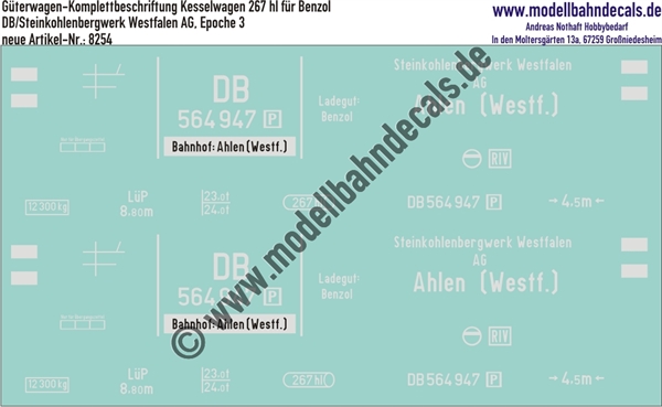 "Nass-Schiebebilder: Güterwagen-Komplettbeschriftung Kesselwagen 267 hl, DB/Steinkohlenbergwerk Westfalen AG, Epoche 3. Artikel-Nummer: 8254"