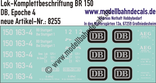 "Nass-Schiebebilder: Lok-Komplettbeschriftung BR 150, DB, Epoche 4. Artikel-Nummer: 8255"
