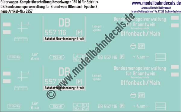 "Nass-Schiebebilder: Güterwagen-Komplettbeschriftung Kesselwagen 192 hl, DB/Bundesmonopolverwaltung für Branntwein (BfB) Offenbach, Epoche 3. Artikel-Nummer: 8257"