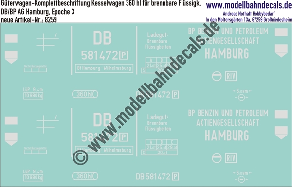 "Nass-Schiebebilder: Güterwagen-Komplettbeschriftung Kesselwagen 360 hl, DB/BP AG Hamburg, Epoche 3. Artikel-Nummer: 8259"