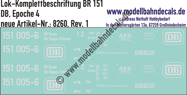 "Nass-Schiebebilder: Lok-Komplettbeschriftung BR 151, DB, Epoche 4. Artikel-Nummer: 8260"