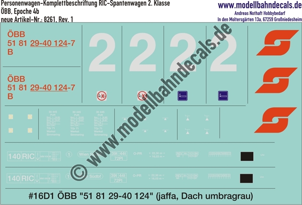 "Nass-Schiebebilder: Komplettbeschriftung für einen RIC-Spantenwagen 2. Klasse der ÖBB, Epoche IVb. Artikel-Nummer: 8261"