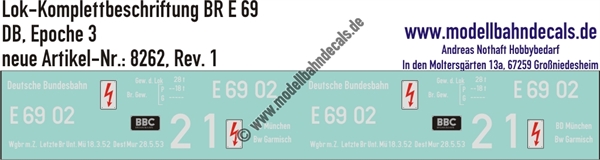 "Nass-Schiebebilder: Lok-Komplettbeschriftung BR E 69, DB, Epoche 3. Artikel-Nummer: 8262"