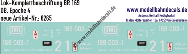 "Nass-Schiebebilder: Lok-Komplettbeschriftung BR 169, DB, Epoche 4. Artikel-Nummer: 8265"