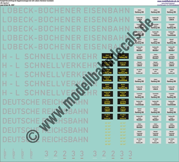 "Nass-Schiebebilder: Komplettbeschriftung für Doppelstockwagen der LBE (Lübeck-Büchener Eisenbahn), Epoche 2. Artikel-Nummer: 8267"