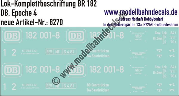 "Nass-Schiebebilder: Lok-Komplettbeschriftung BR 182, DB, Epoche 4. Artikel-Nummer: 8270"