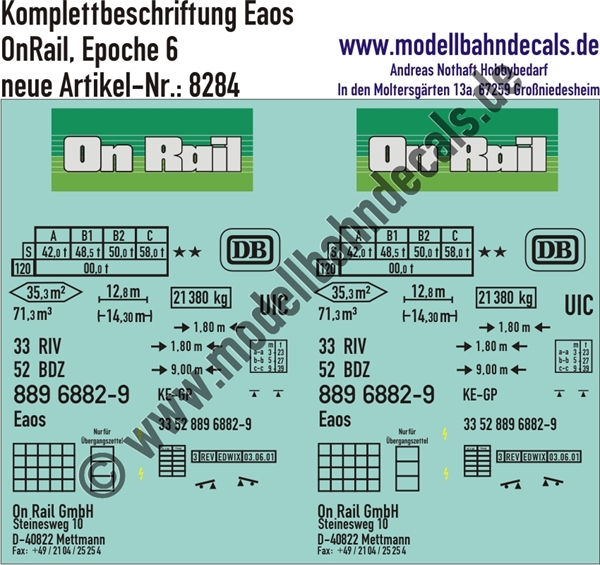 "Nass-Schiebebilder: Güterwagen-Komplettbeschriftung Eaos, OnRail, Epoche 5-6. Artikel-Nummer: 8284"