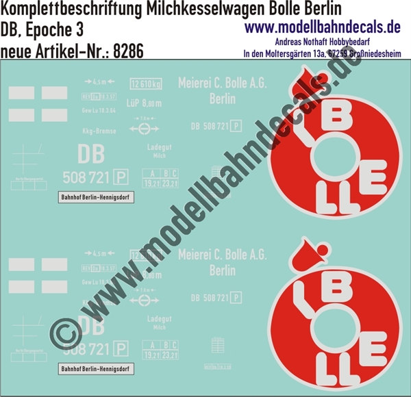 "Nass-Schiebebilder: Güterwagen-Komplettbeschriftung Milchkesselwagen Bolle Berlin, DB, Epoche 3. Artikel-Nummer: 8286"