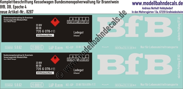 "Nass-Schiebebilder: Güterwagen-Komplettbeschriftung Kesselwagen Bundesmonopolverwaltung für Branntwein, BfB, DB, Epoche 4. Artikel-Nummer: 8287"