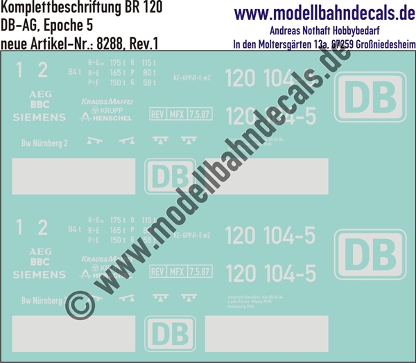 "Nass-Schiebebilder: Lok-Komplettbeschriftung BR 120, DB, Epoche 5 (mit Kontrastfläche). Artikel-Nummer: 8288"