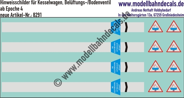 "Nass-Schiebebilder: Hinweisschilder für Kesselwagen Belüftungs-/Bodenventil, 4 Streifen mit Hinweis, 8 Warnschilder. Artikel-Nummer: 8291"